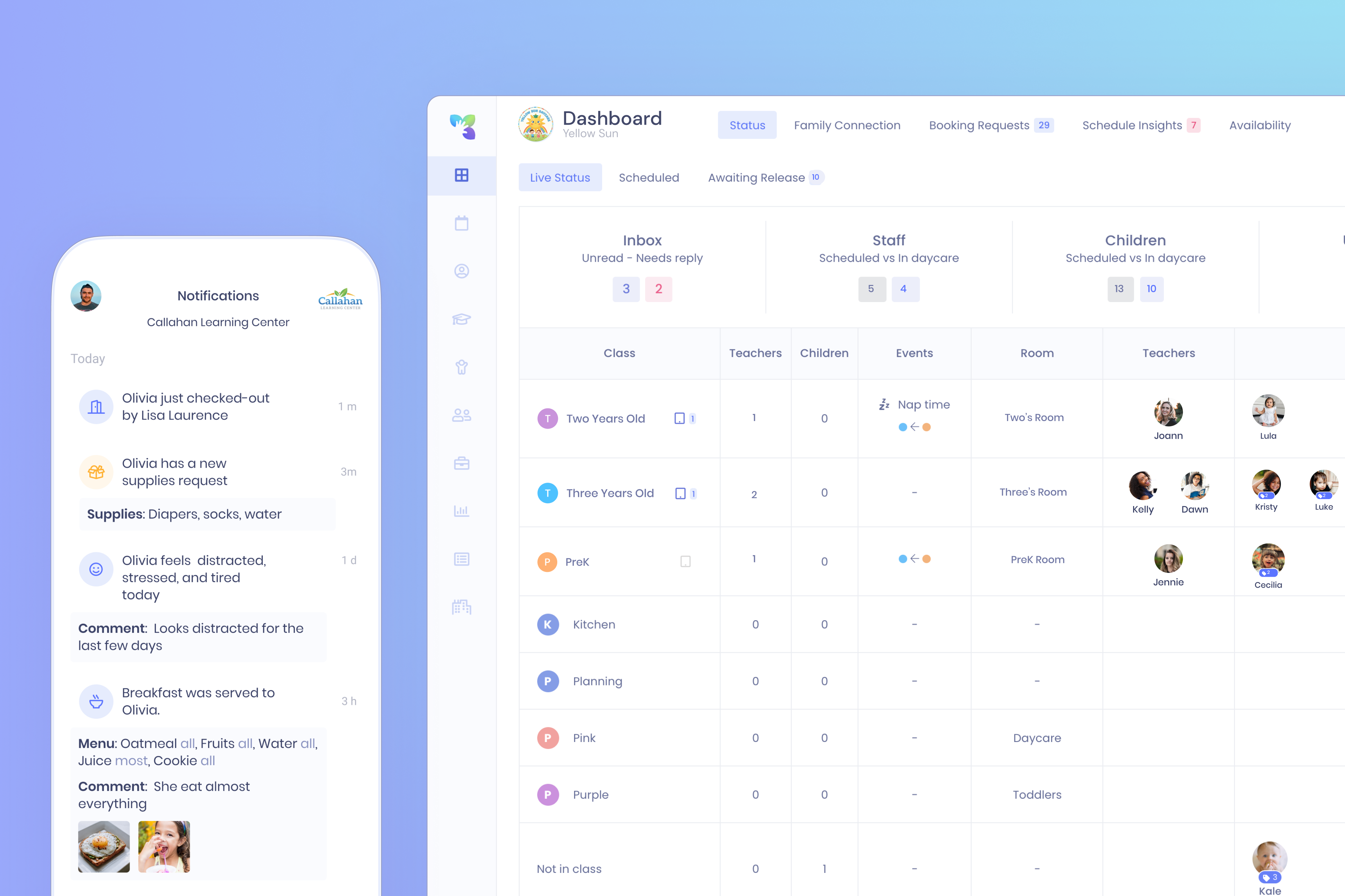 Child Care Seer dashboard and mobile interface