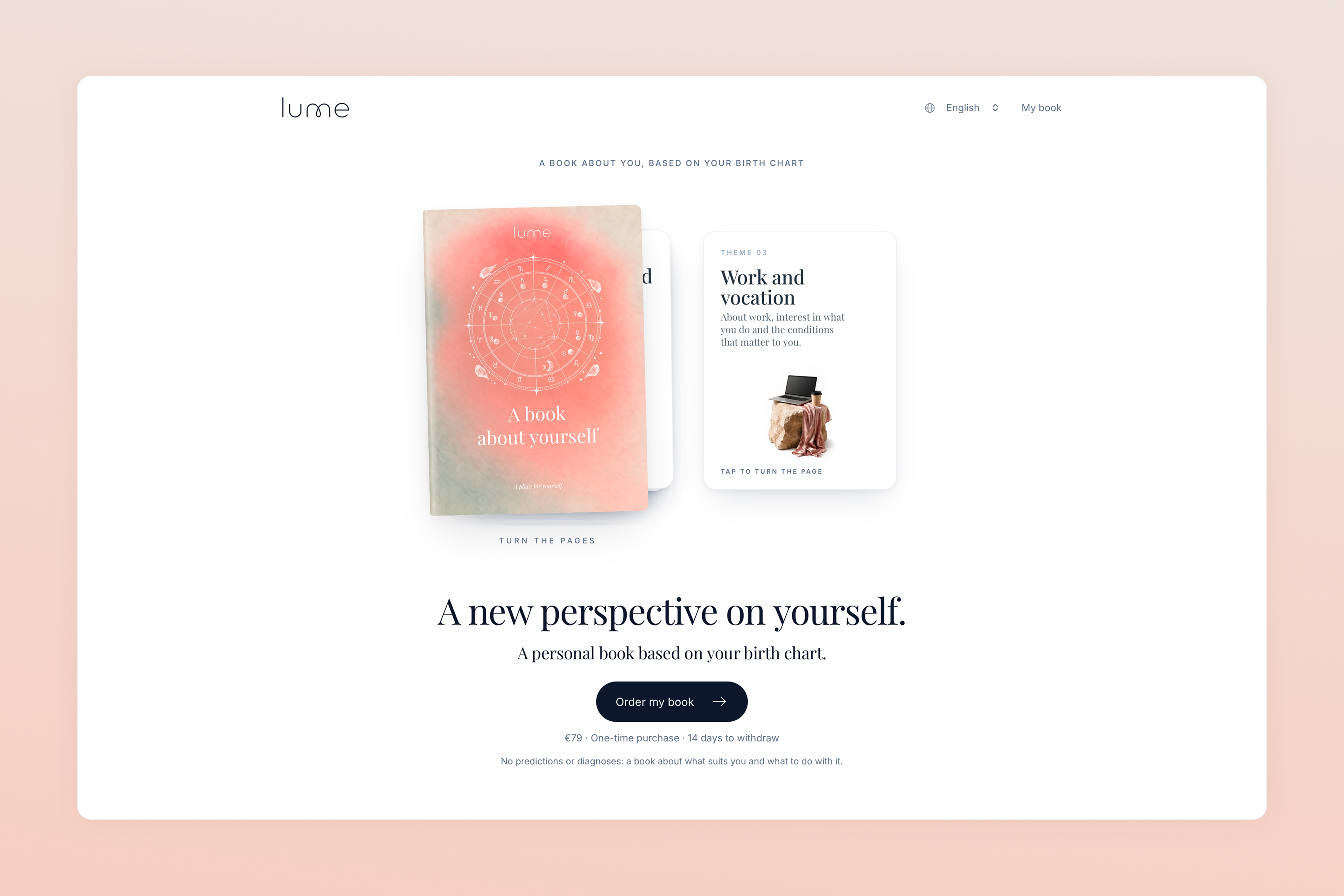 Lume website showing a personalized astrology book and its reading experience