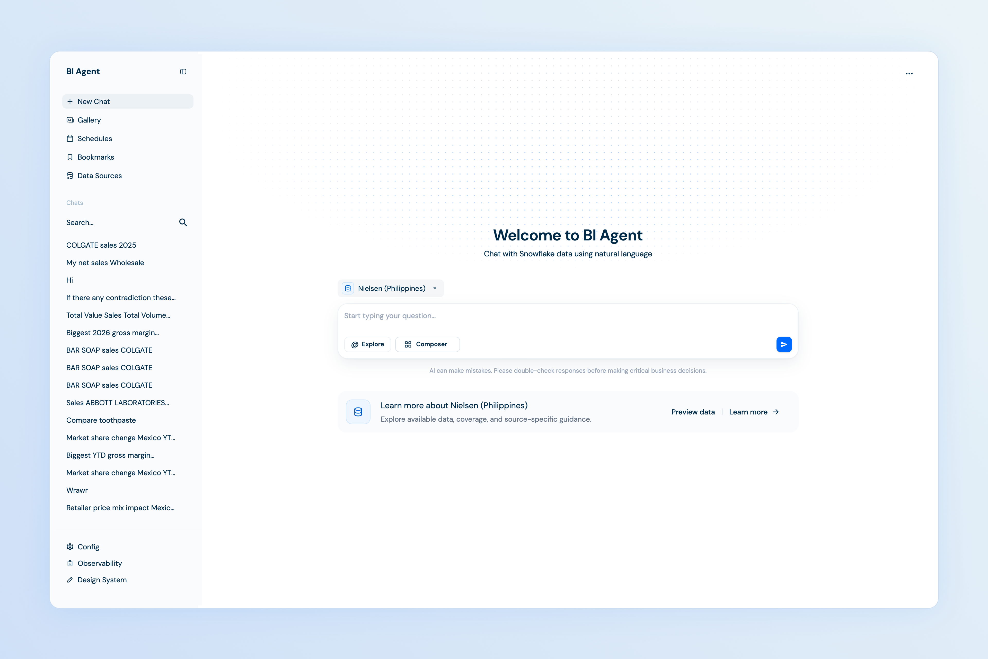 BI Agent interface for Colgate-Palmolive
