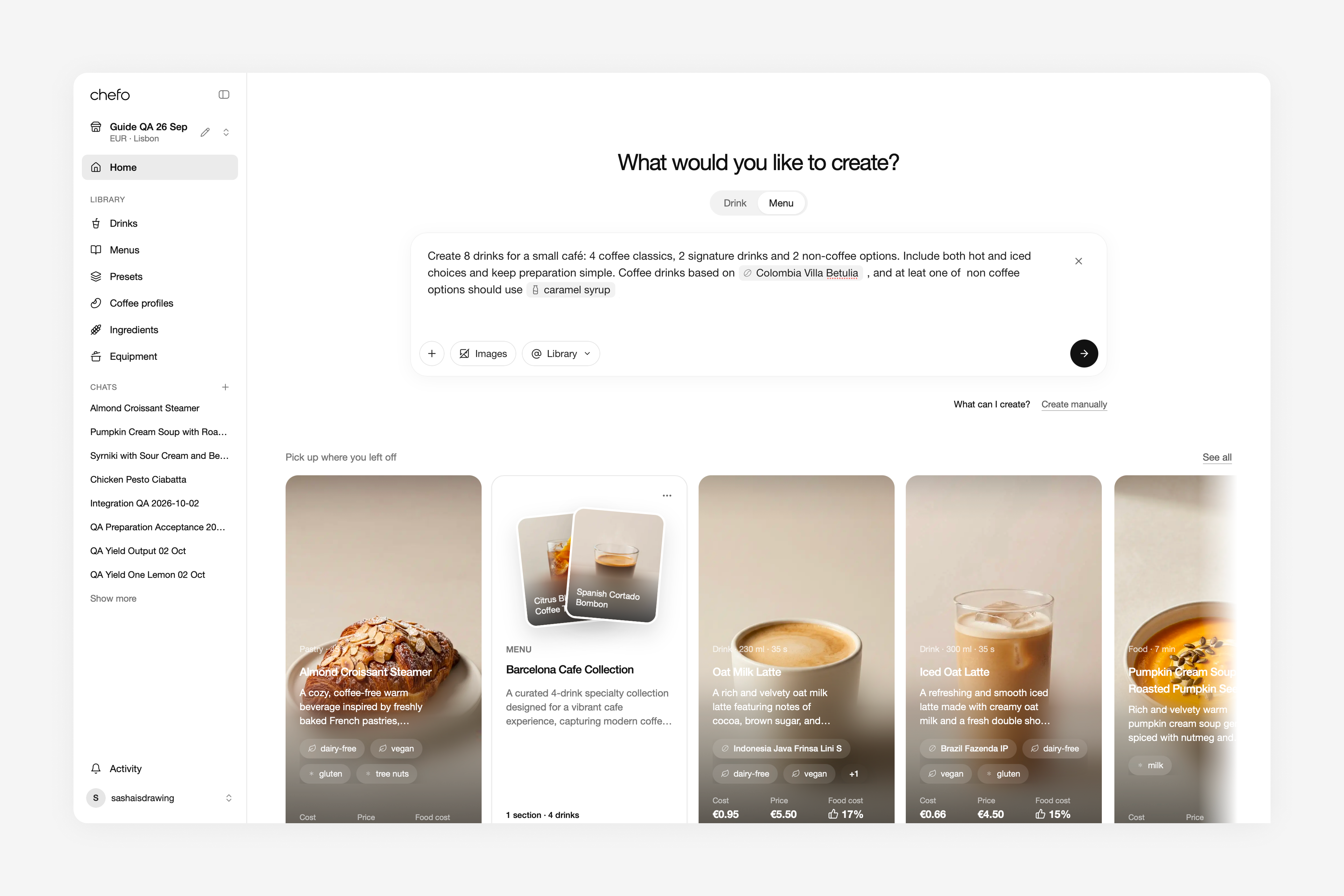 Chefo interface for creating café menus and managing recipes, ingredients and drink costs