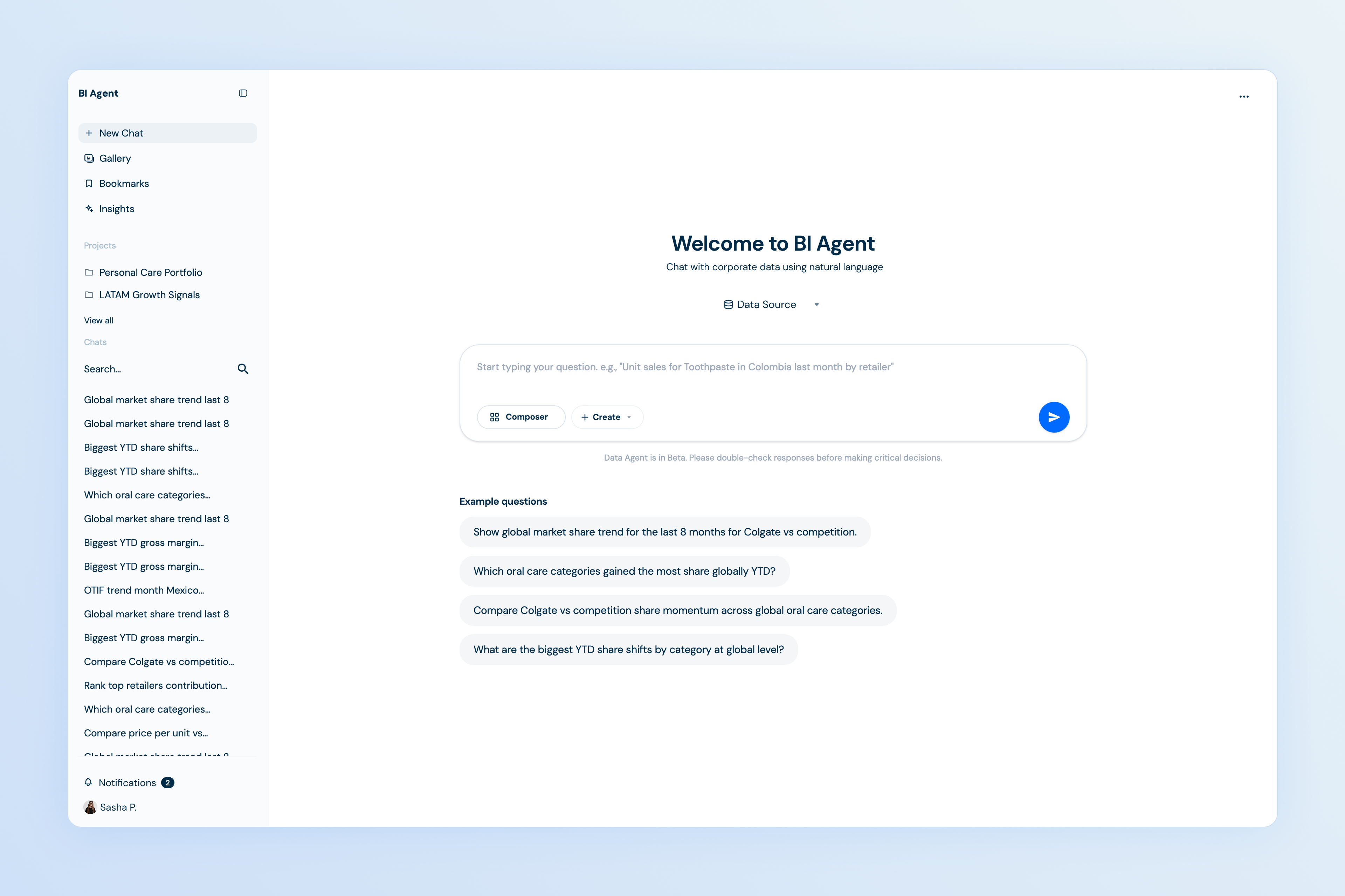 BI Agent interface for Colgate-Palmolive