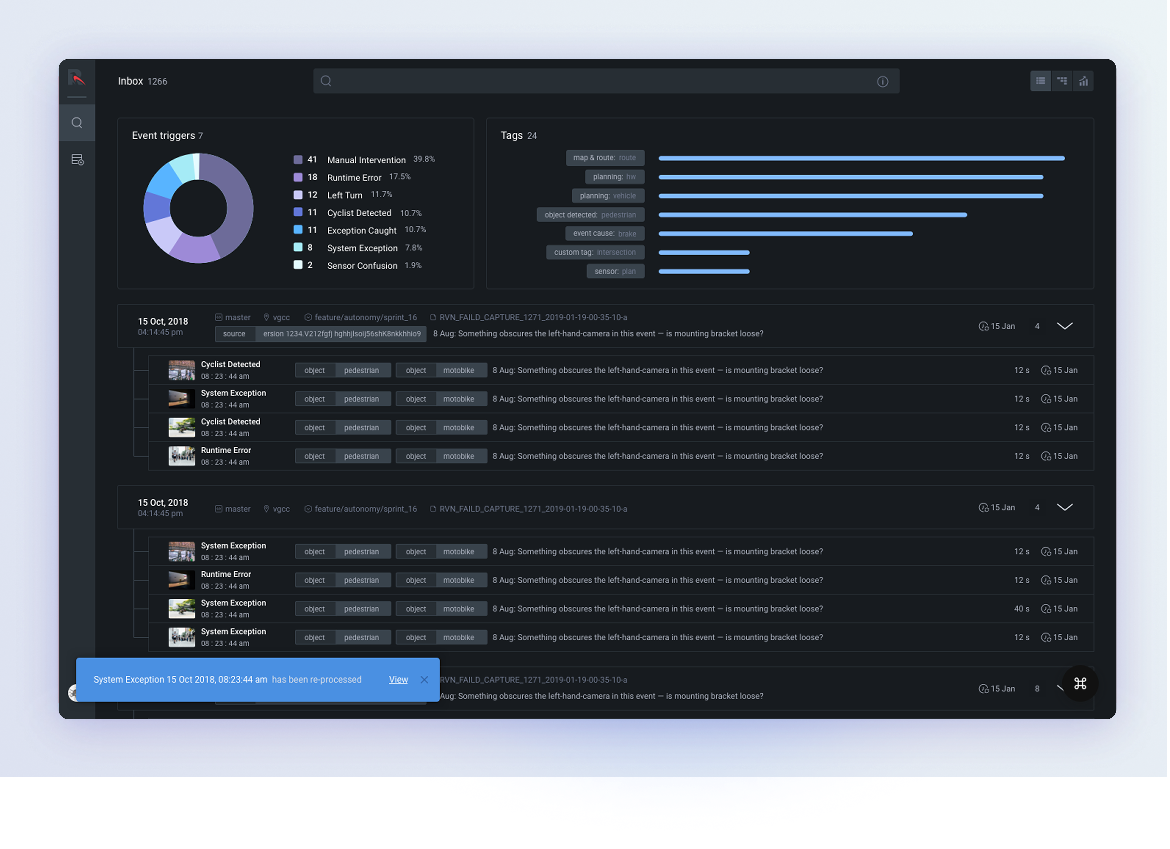 Raven Ops incident investigation dashboard with event triggers, telemetry tags and incident records